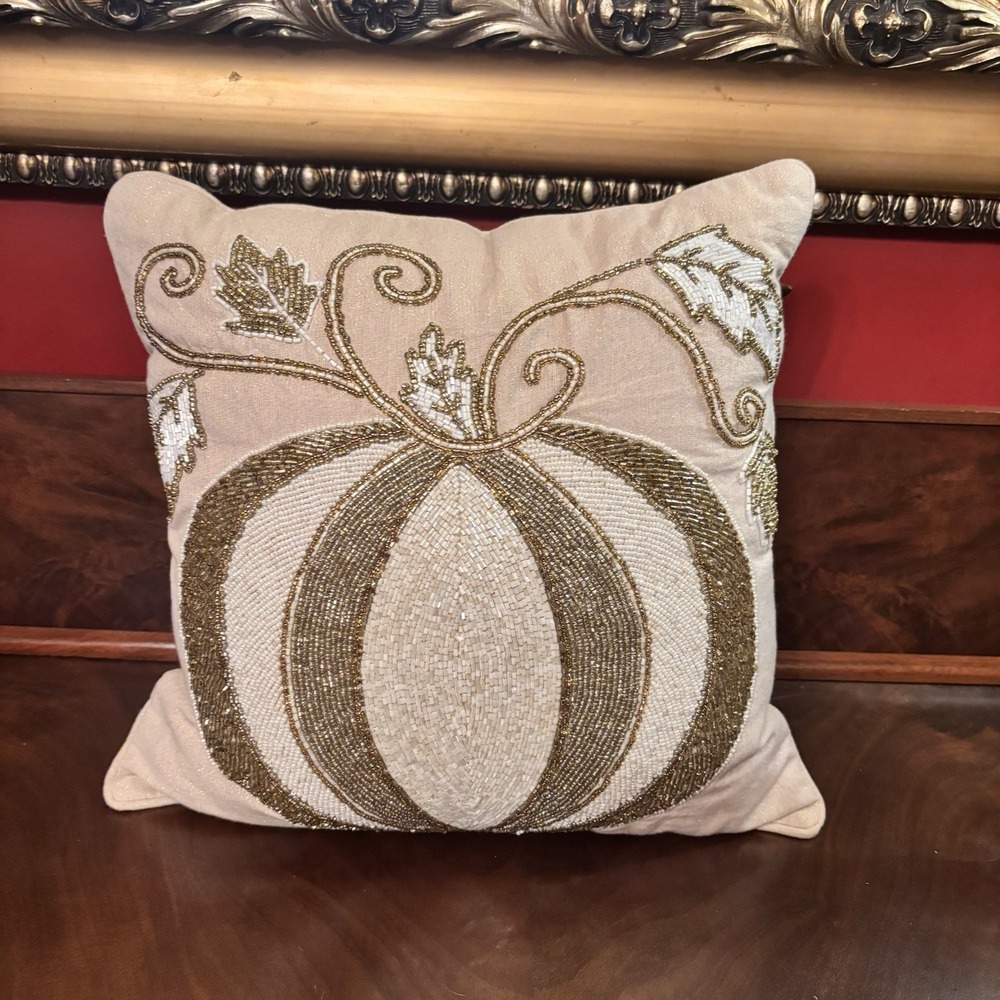 Pier 1 Beaded Pumpkin‎ Throw Pillow Ivory Gold Fall Harvest Decor 14"x14"